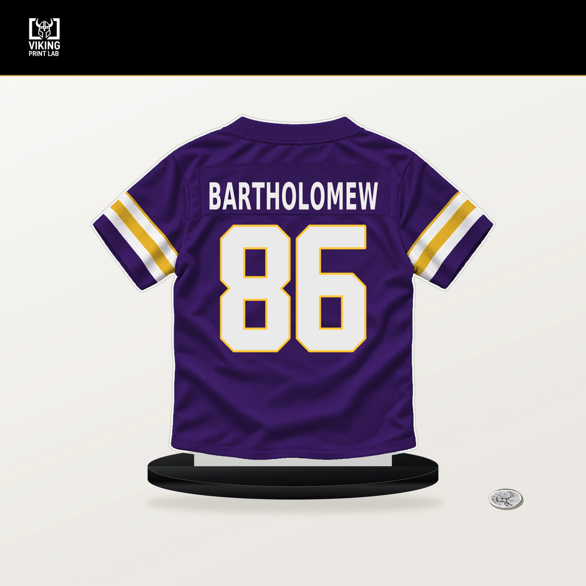 Gavin Bartholomew number 86 Minnesota Vikings jersey stand with included black base.