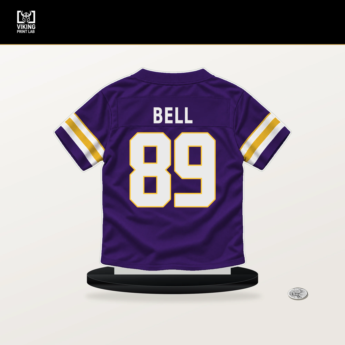 Dillon Bell number 89 Minnesota Vikings jersey stand with included black base.
