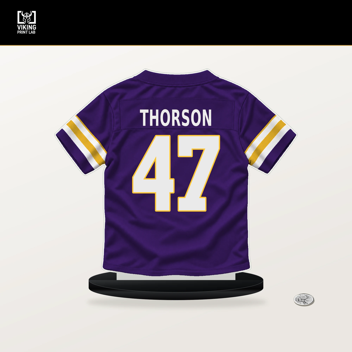 Brett Thorson number 47 Minnesota Vikings jersey stand with included black base.