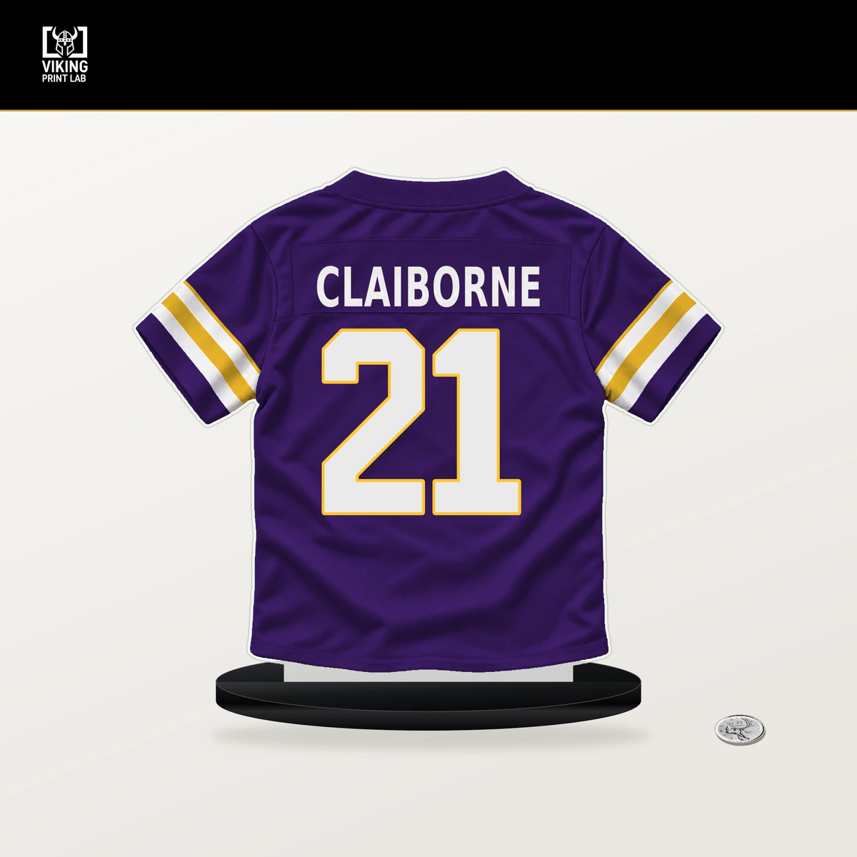Demond Claiborne number 21 Minnesota Vikings jersey stand with included black base.