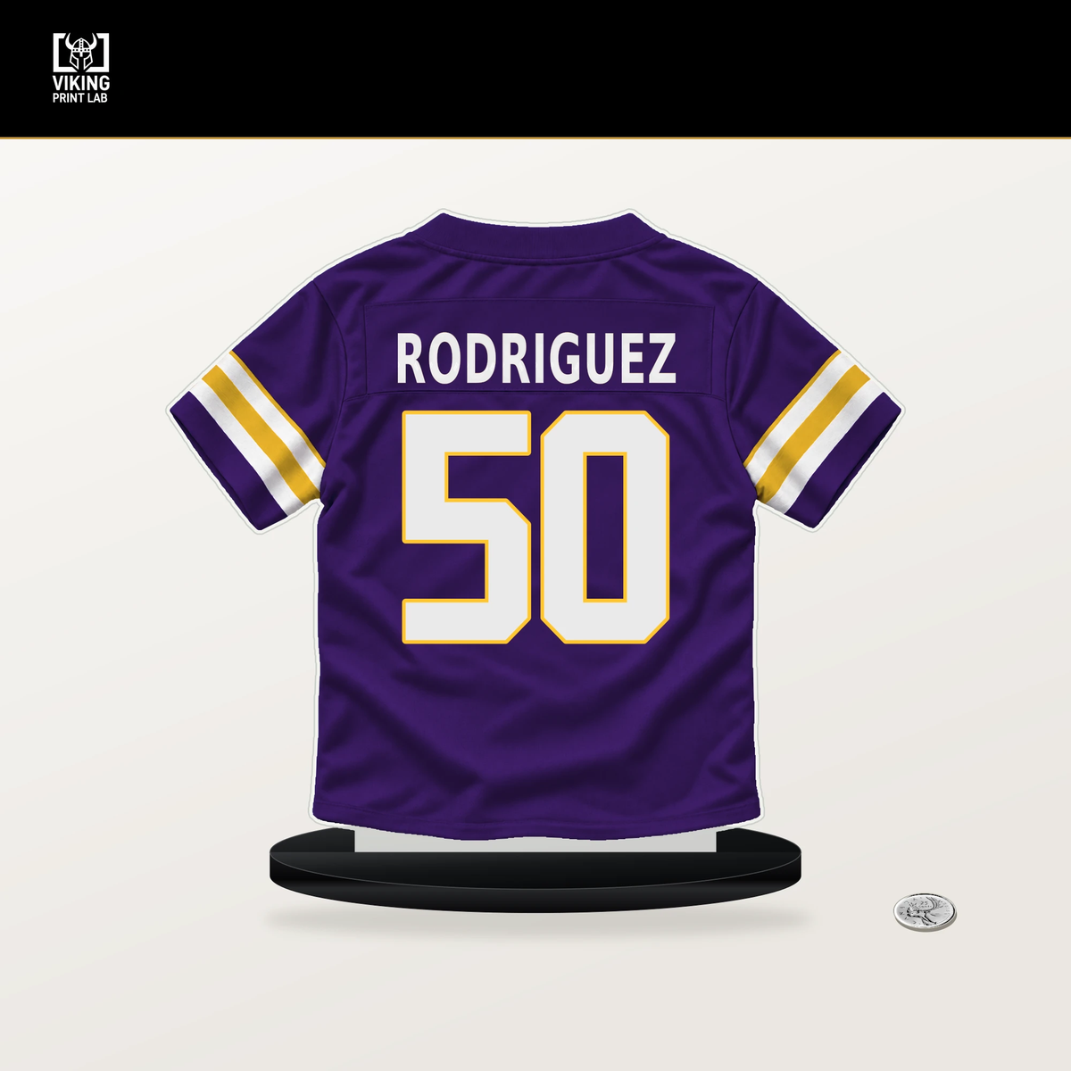 Levi Drake Rodriguez number 50 Minnesota Vikings jersey stand with included black base.