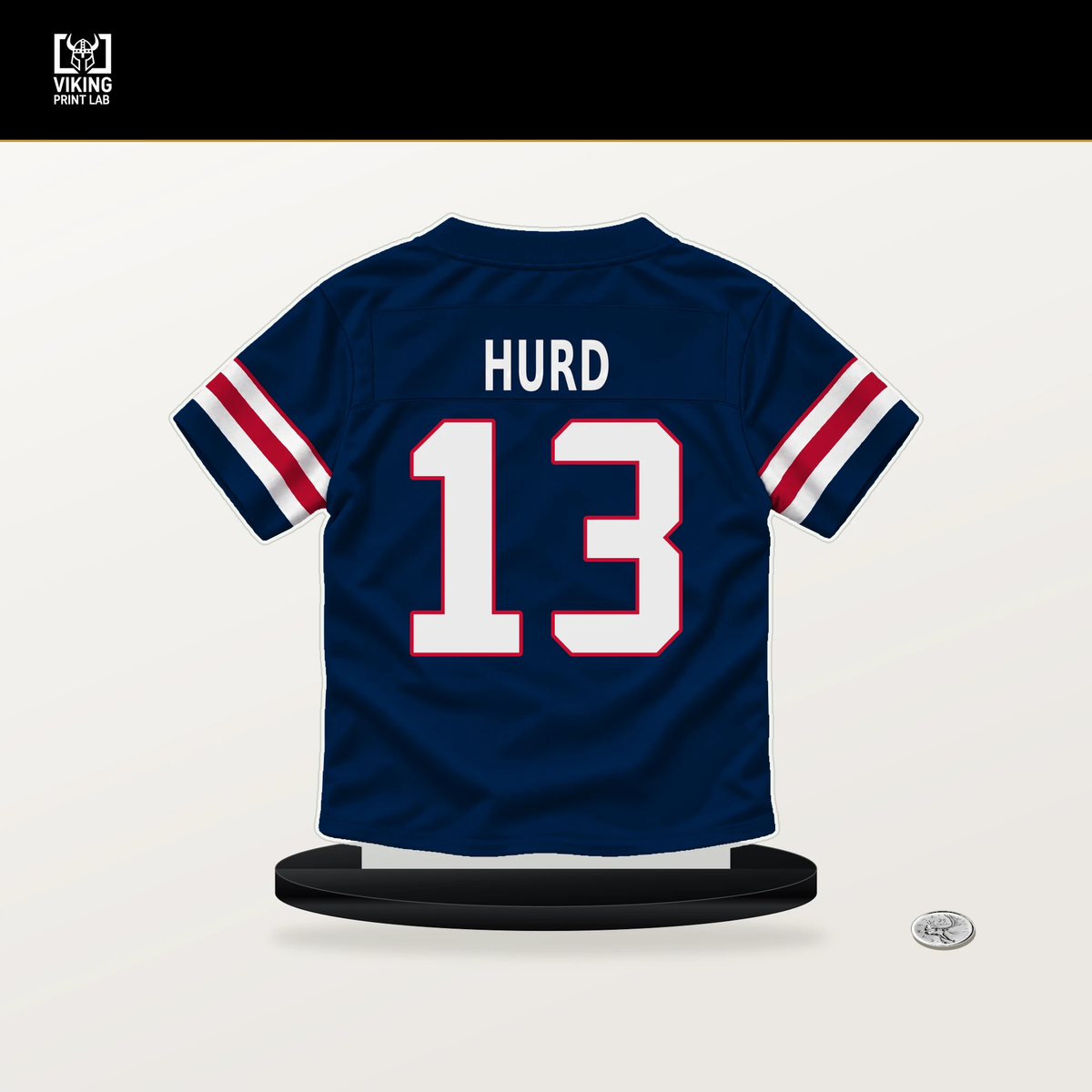 Jalen Hurd number 13 New England Patriots jersey stand with included black base.