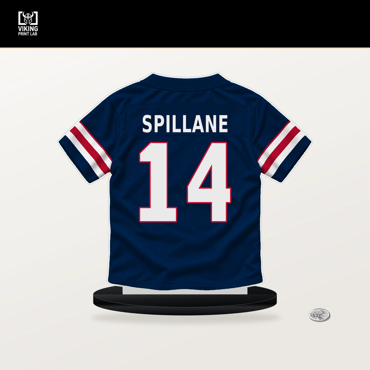 Robert Spillane number 14 New England Patriots jersey stand with included black base.