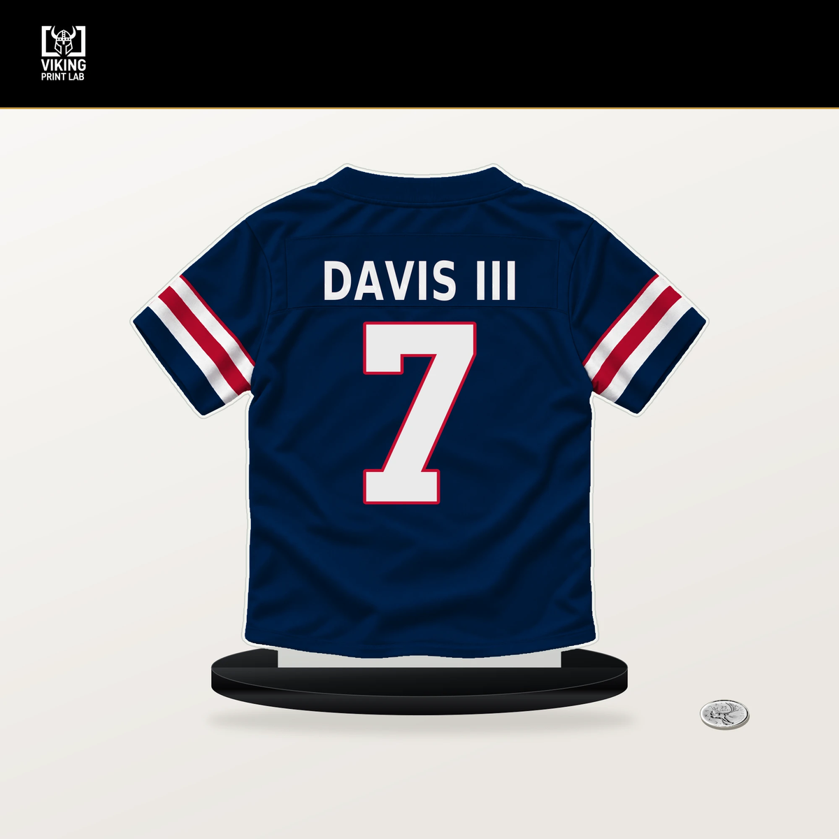 Carlton Davis III number 7 New England Patriots jersey stand with included black base.