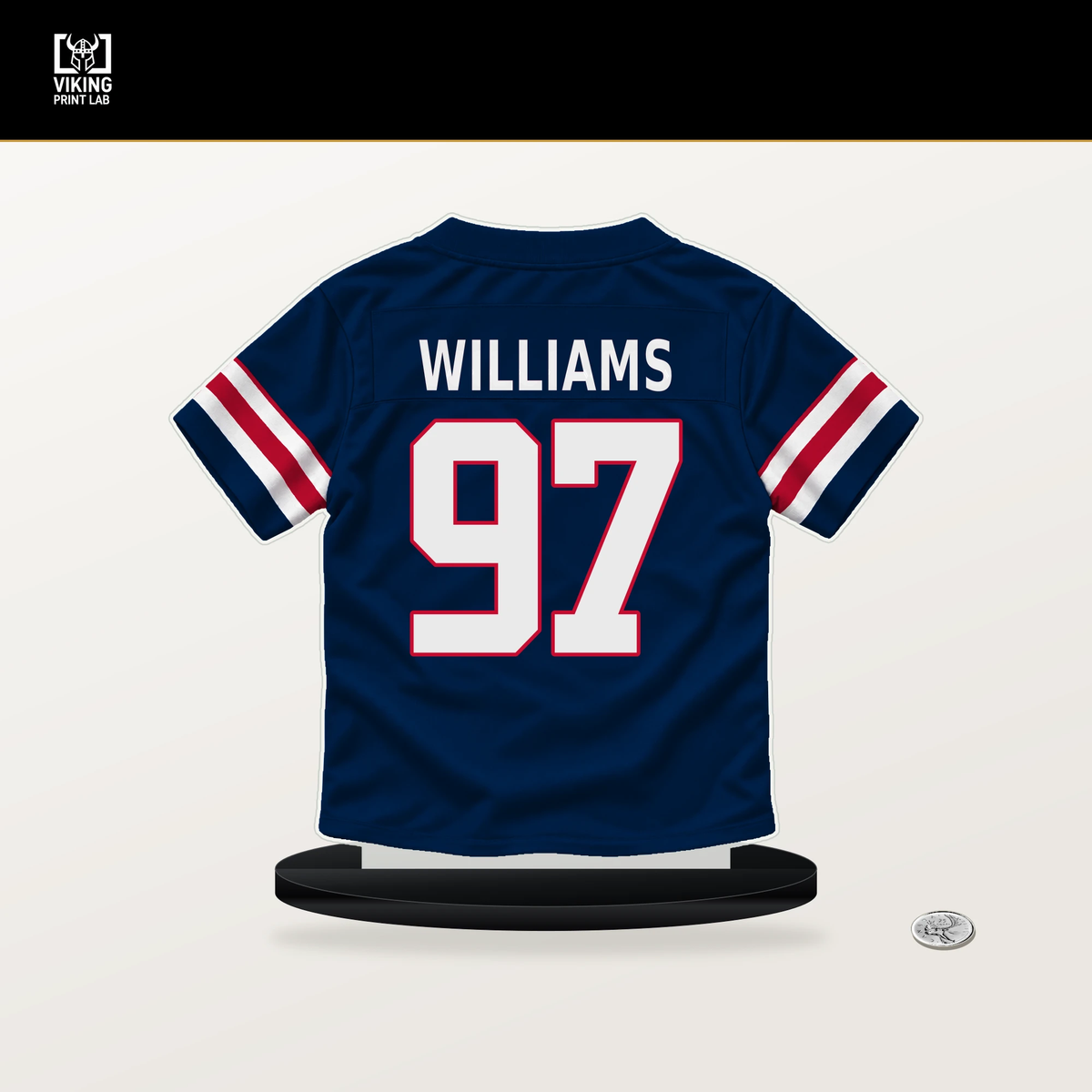 Milton Williams number 97 New England Patriots jersey stand with included black base.