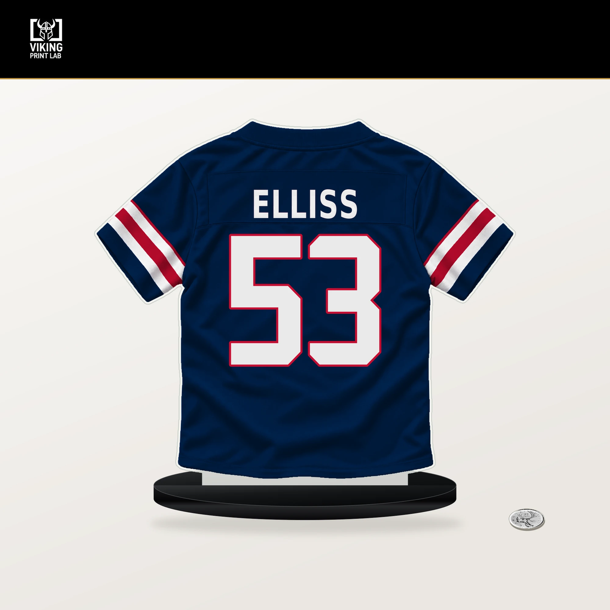 Christian Elliss number 53 New England Patriots jersey stand with included black base.