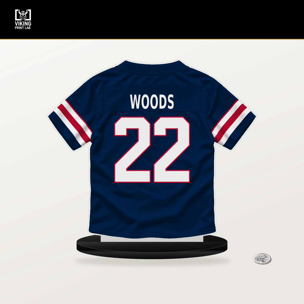 Charles Woods number 22 New England Patriots jersey stand with included black base.