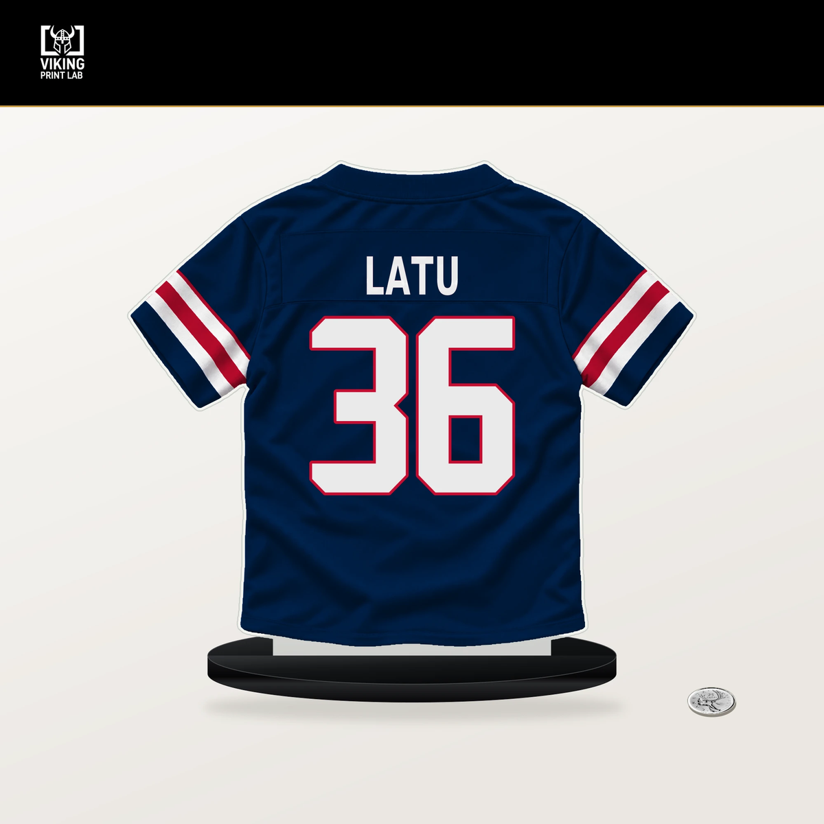 Cameron Latu number 36 New England Patriots jersey stand with included black base.