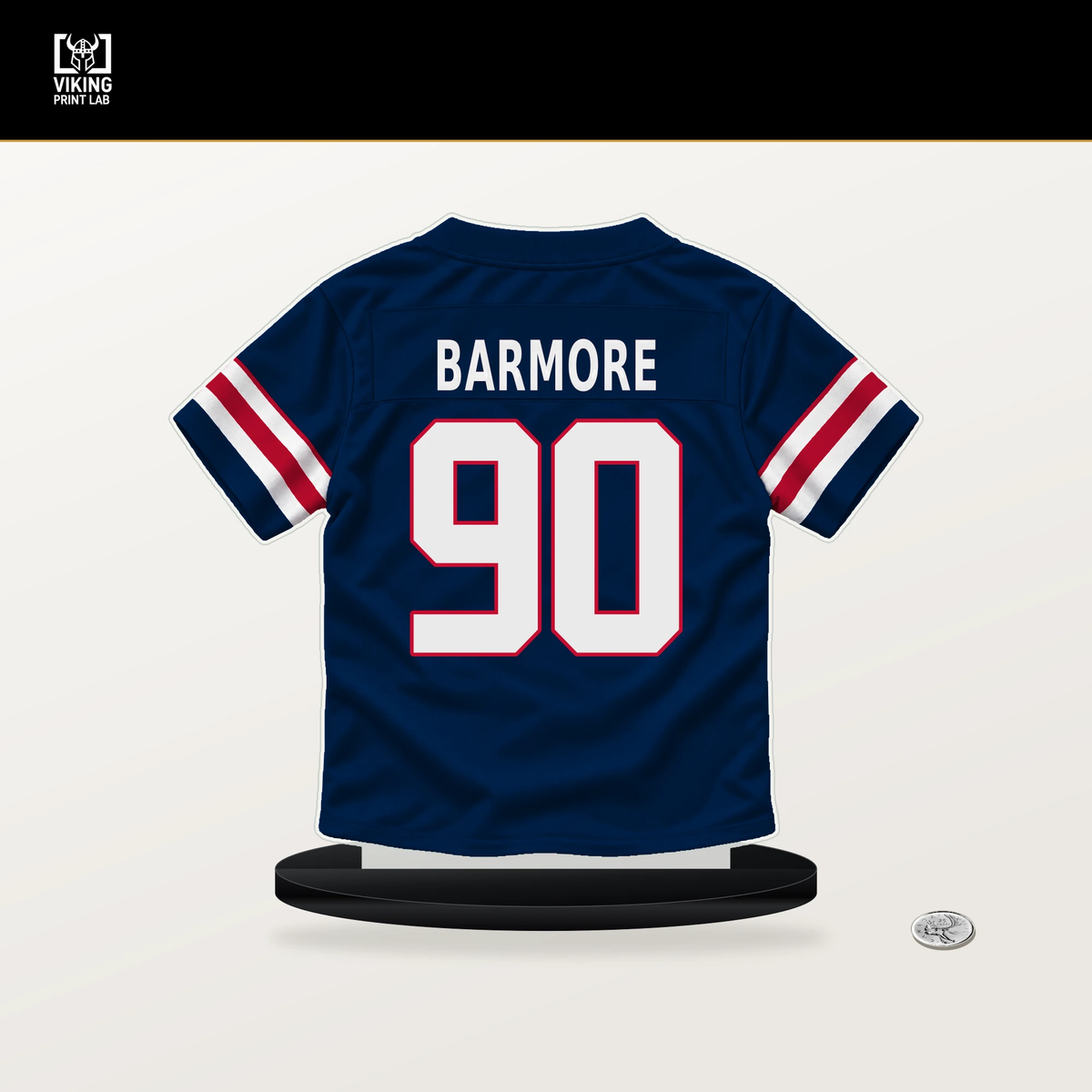 Christian Barmore number 90 New England Patriots jersey stand with included black base.