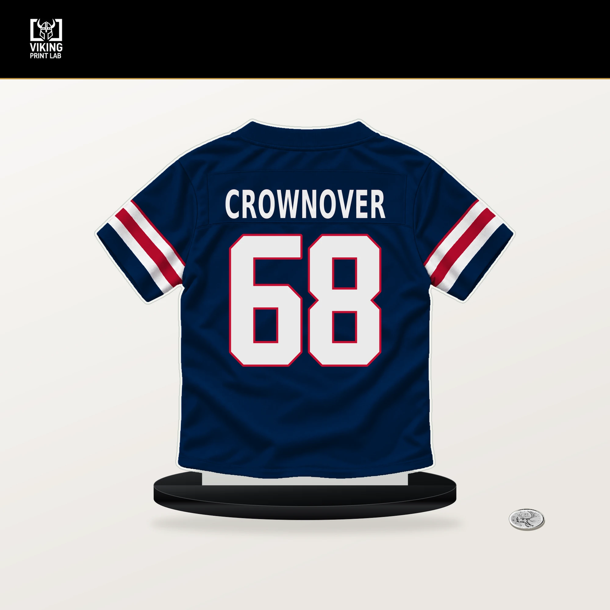 Dametrious Crownover number 68 New England Patriots jersey stand with included black base.