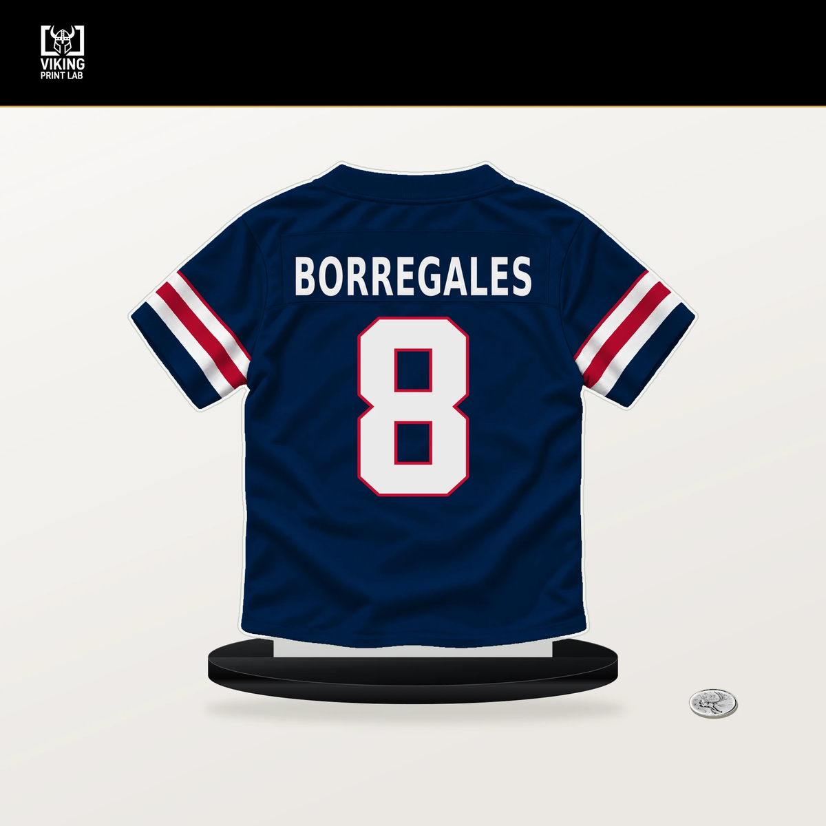 Andy Borregales number 8 New England Patriots jersey stand with included black base.