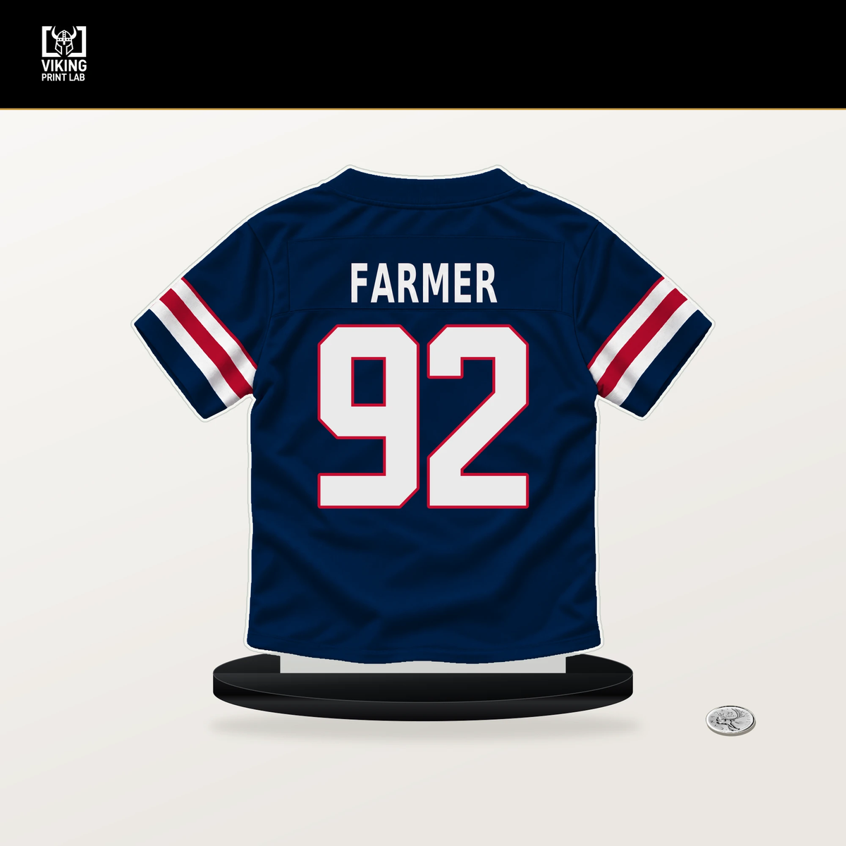 Joshua Farmer number 92 New England Patriots jersey stand with included black base.