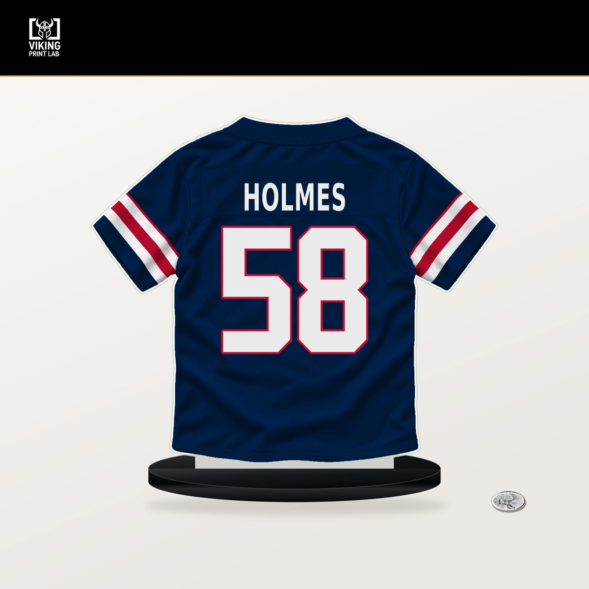 Xavier Holmes number 58 New England Patriots jersey stand with included black base.