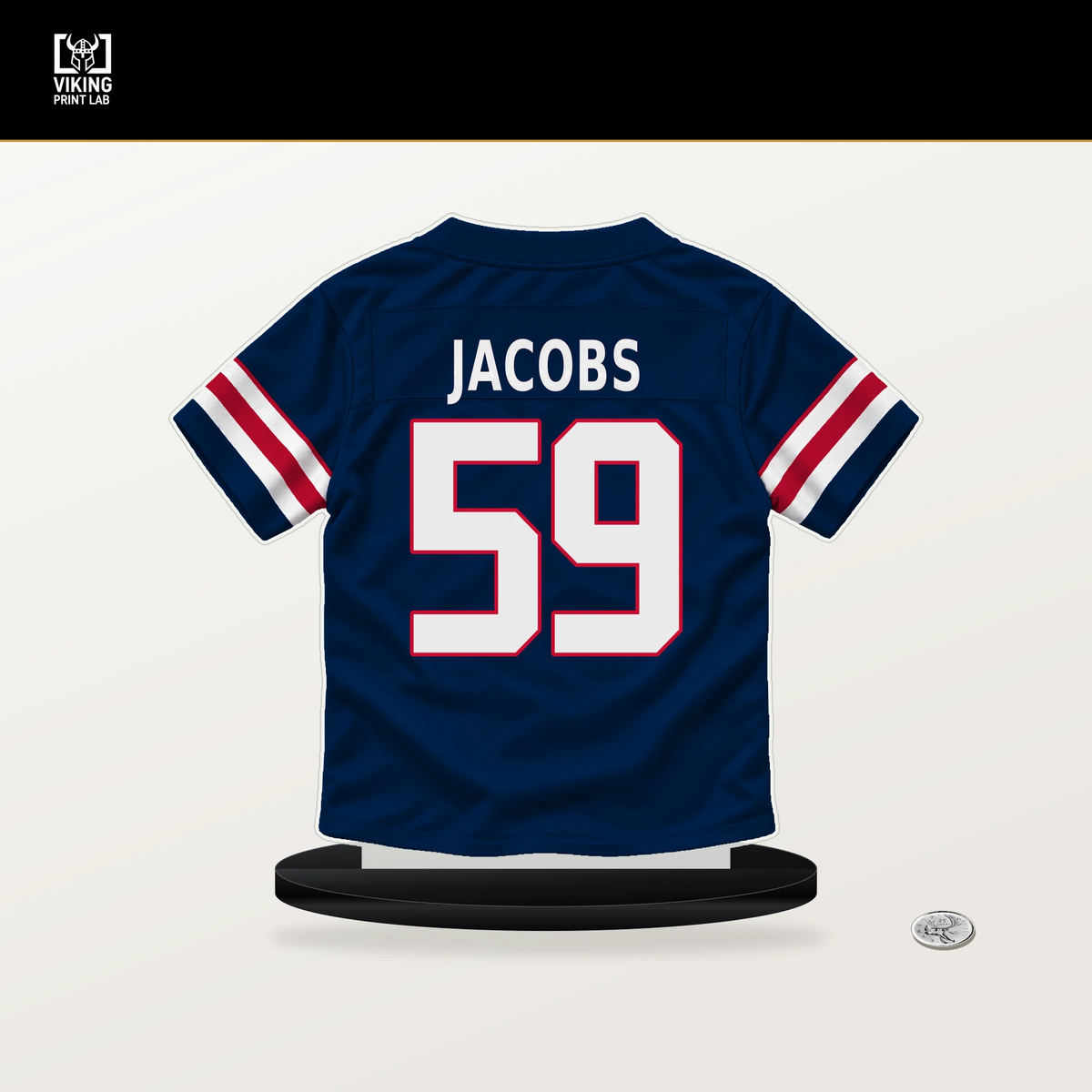 Khalil Jacobs number 59 New England Patriots jersey stand with included black base.