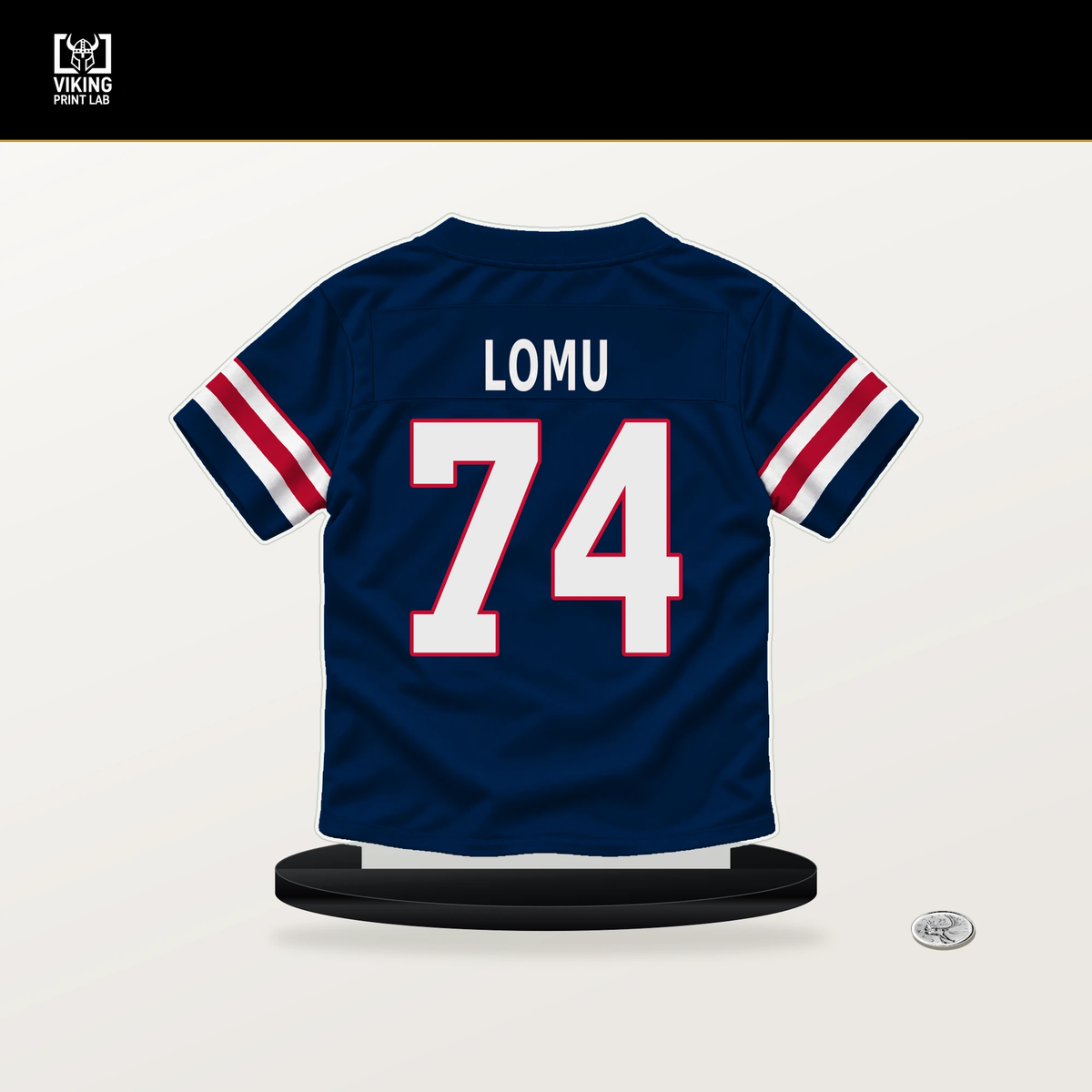 Caleb Lomu number 74 New England Patriots jersey stand with included black base.