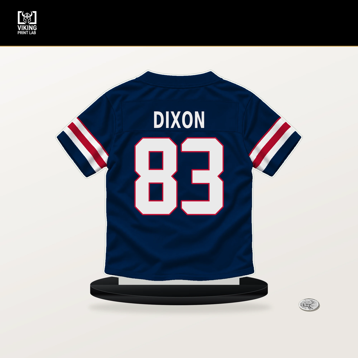 Kyle Dixon number 83 New England Patriots jersey stand with included black base.
