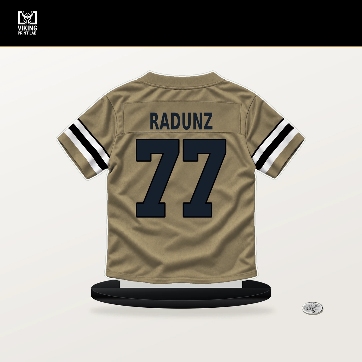 Dillon Radunz number 77 New Orleans Saints jersey stand with included black base.