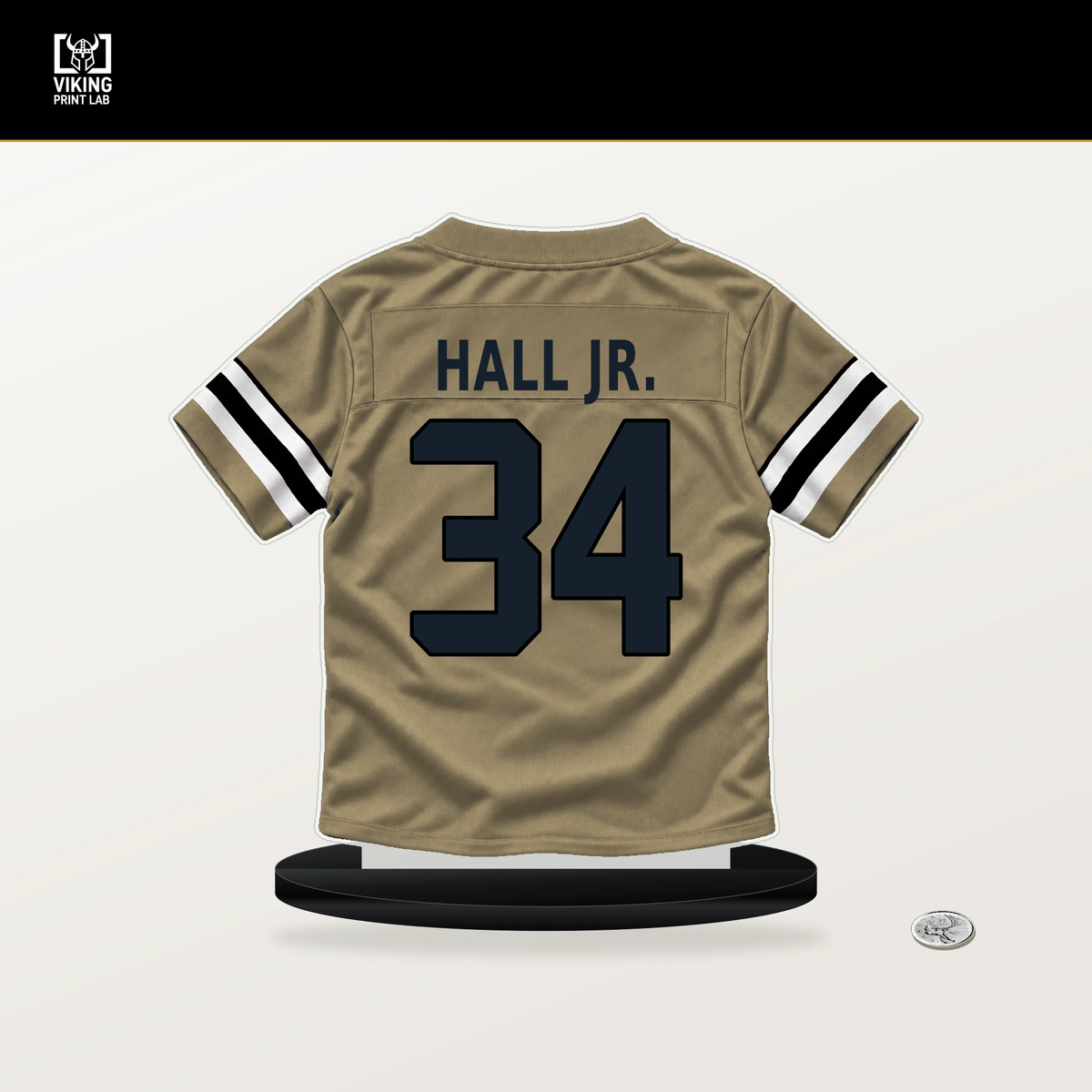 TJ Hall Jr. number 34 New Orleans Saints jersey stand with included black base.