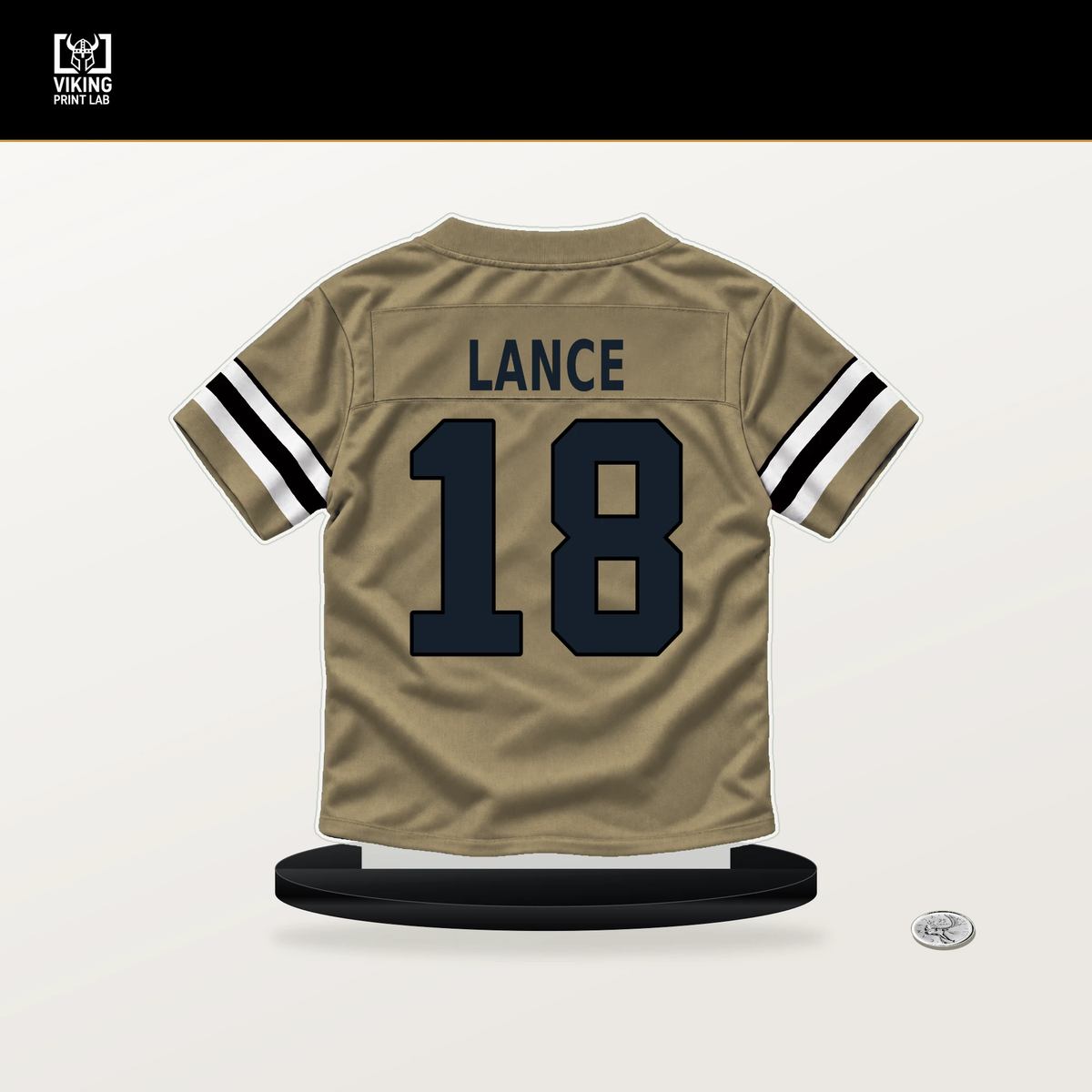 Bryce Lance number 18 New Orleans Saints jersey stand with included black base.