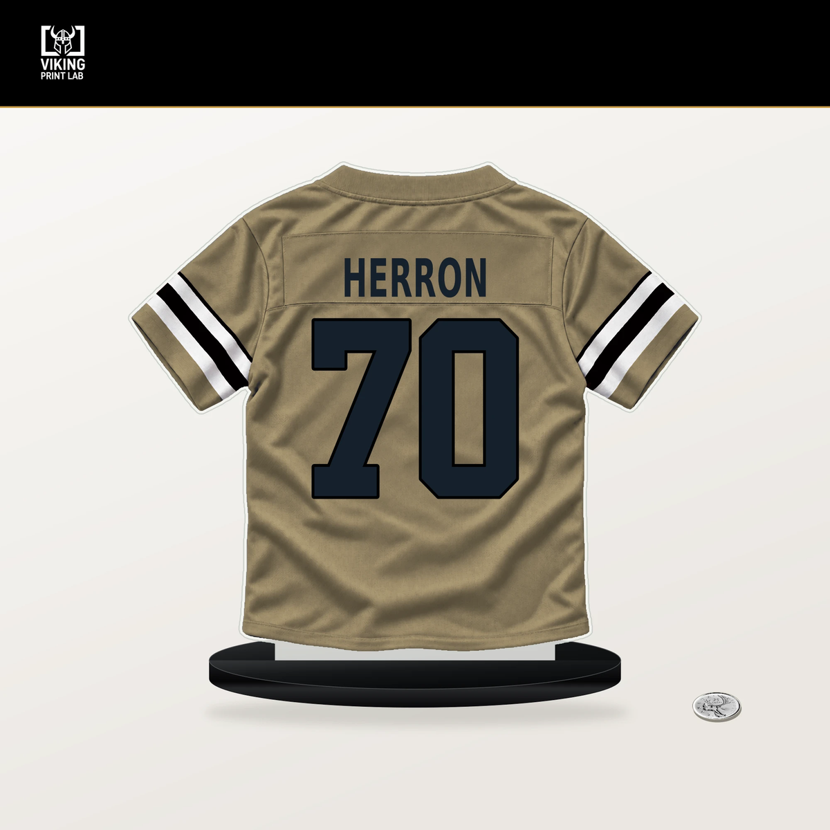 Alan Herron number 70 New Orleans Saints jersey stand with included black base.