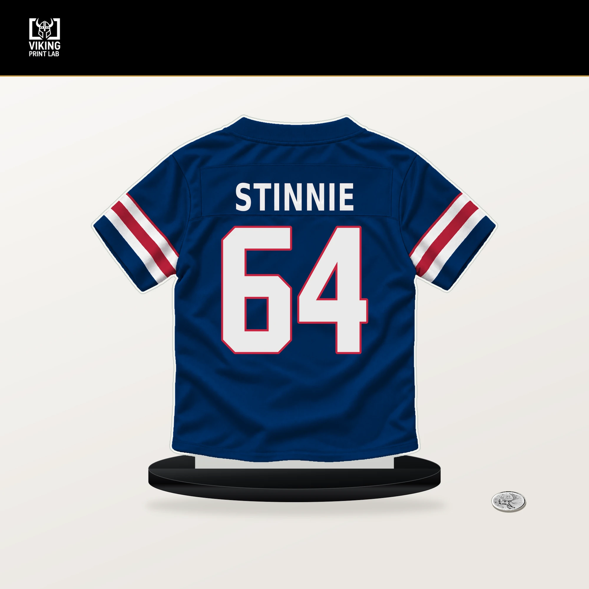 Aaron Stinnie number 64 New York Giants jersey stand with included black base.