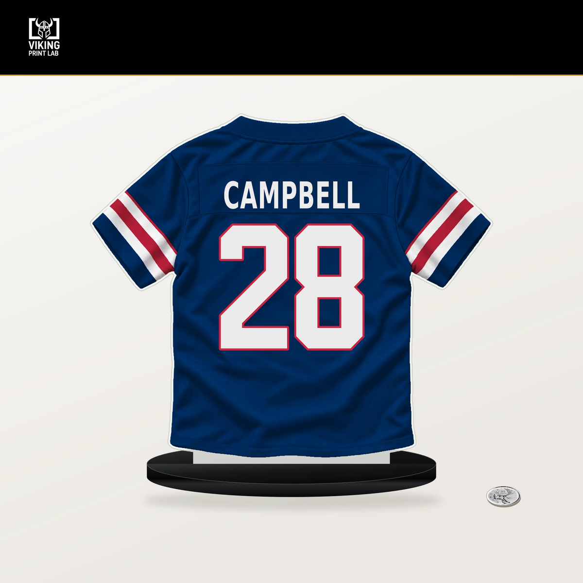 Elijah Campbell number 28 New York Giants jersey stand with included black base.