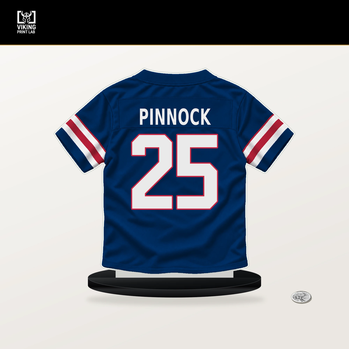 Jason Pinnock number 25 New York Giants jersey stand with included black base.