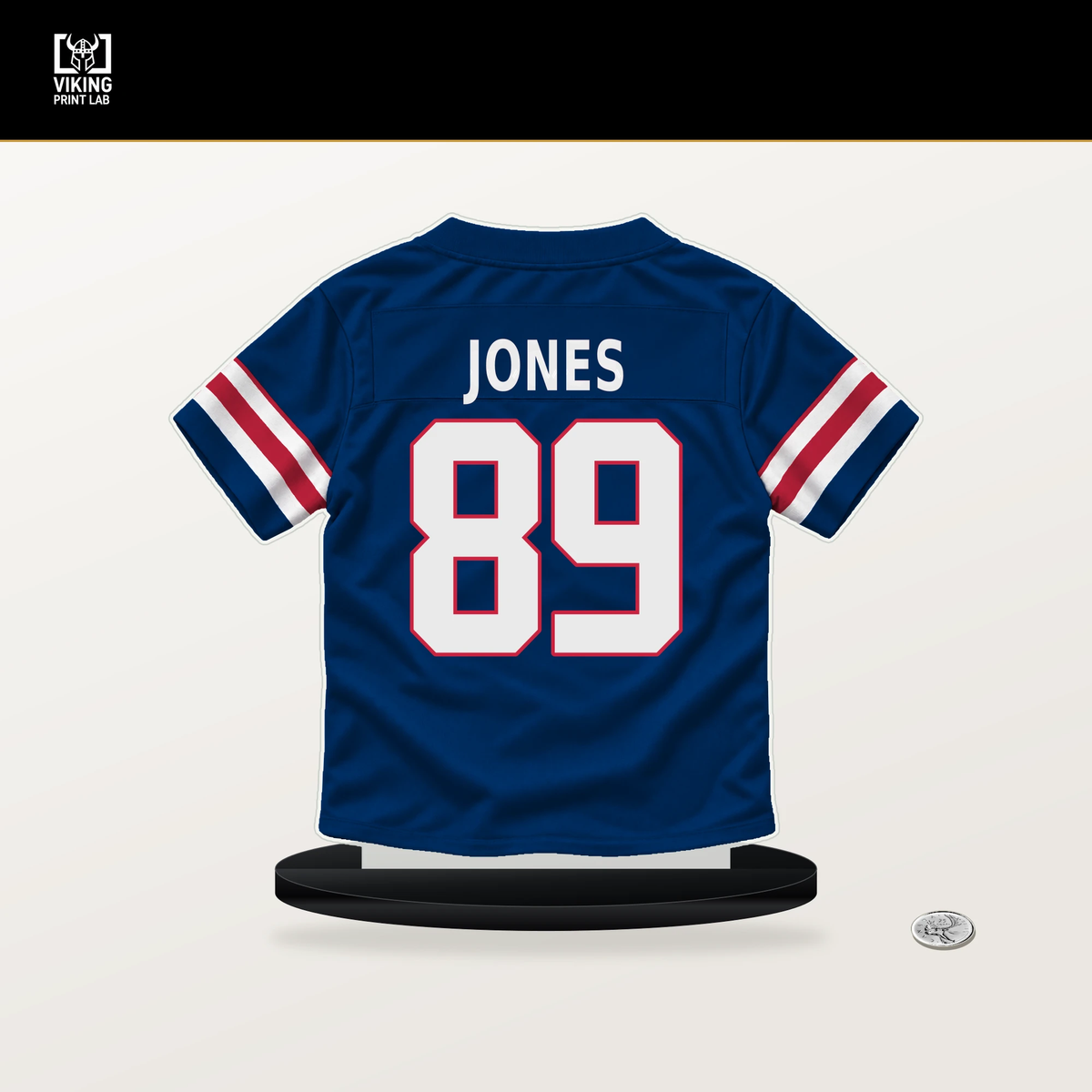 Charlie Jones number 89 New York Giants jersey stand with included black base.