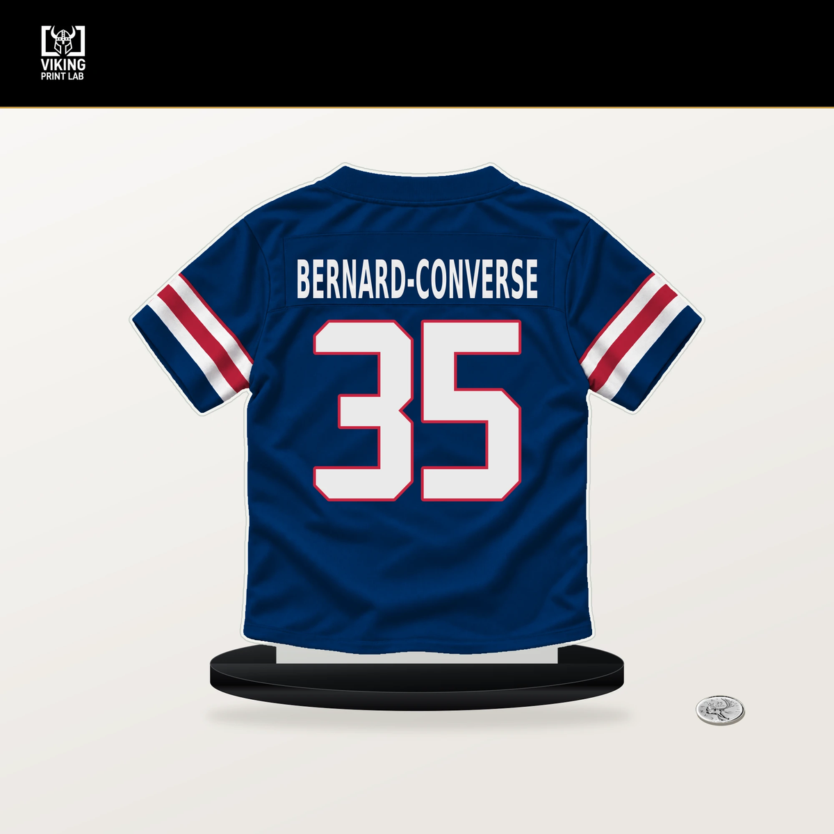 Jarrick Bernard-Converse number 35 New York Giants jersey stand with included black base.
