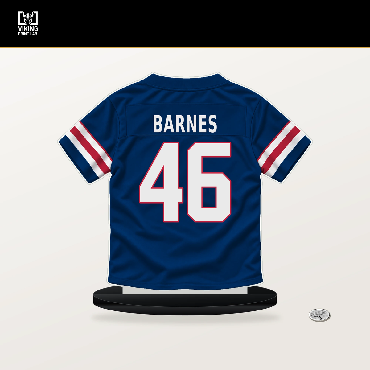 Zaire Barnes number 46 New York Giants jersey stand with included black base.