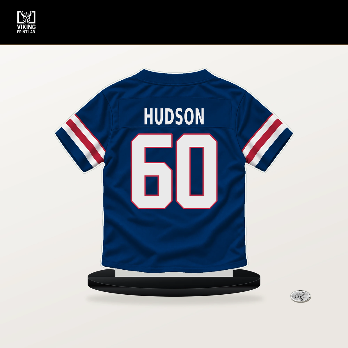 Bryan Hudson number 60 New York Giants jersey stand with included black base.