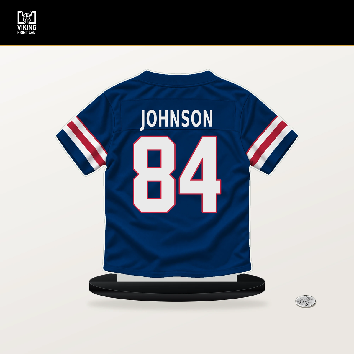 Theo Johnson number 84 New York Giants jersey stand with included black base.