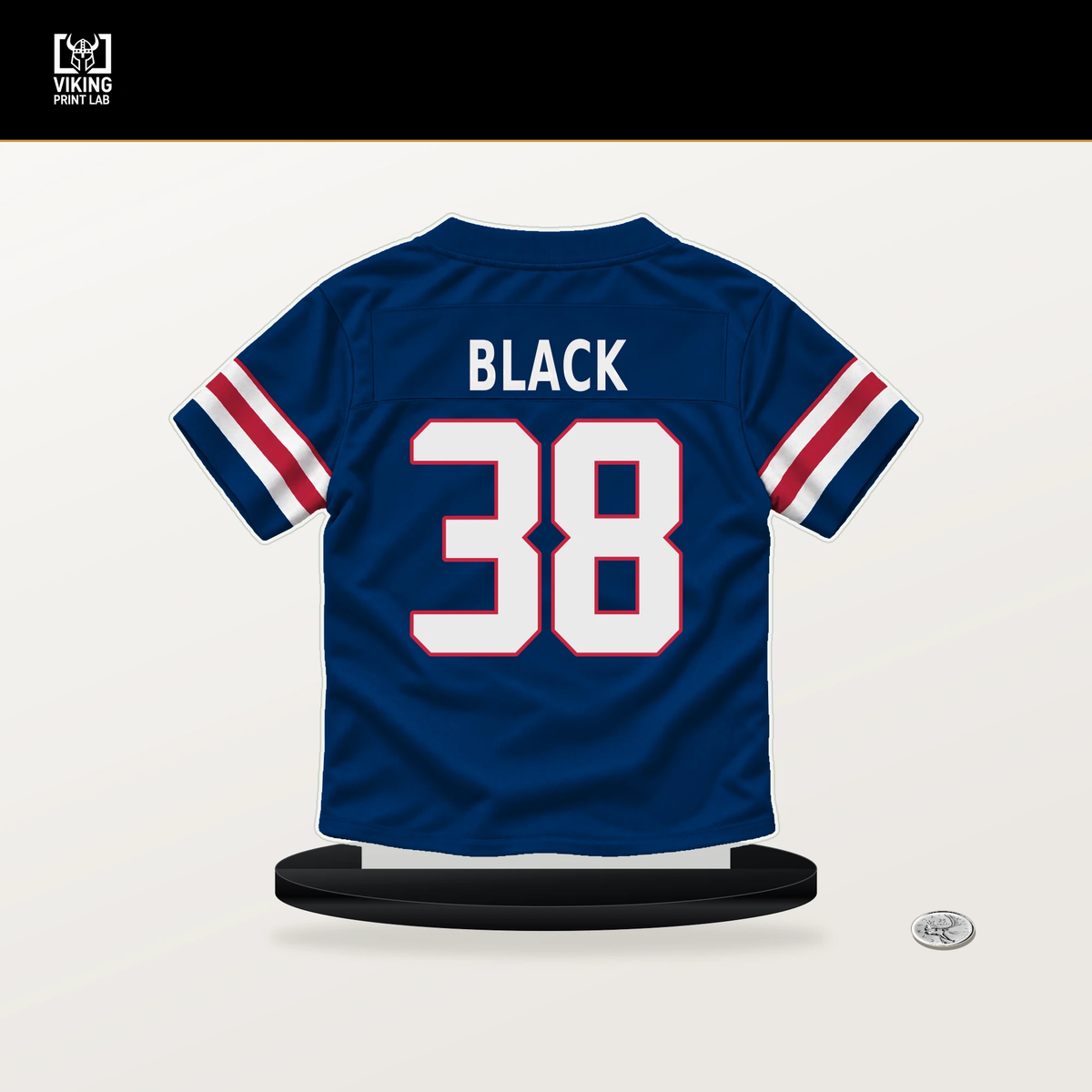Korie Black number 38 New York Giants jersey stand with included black base.