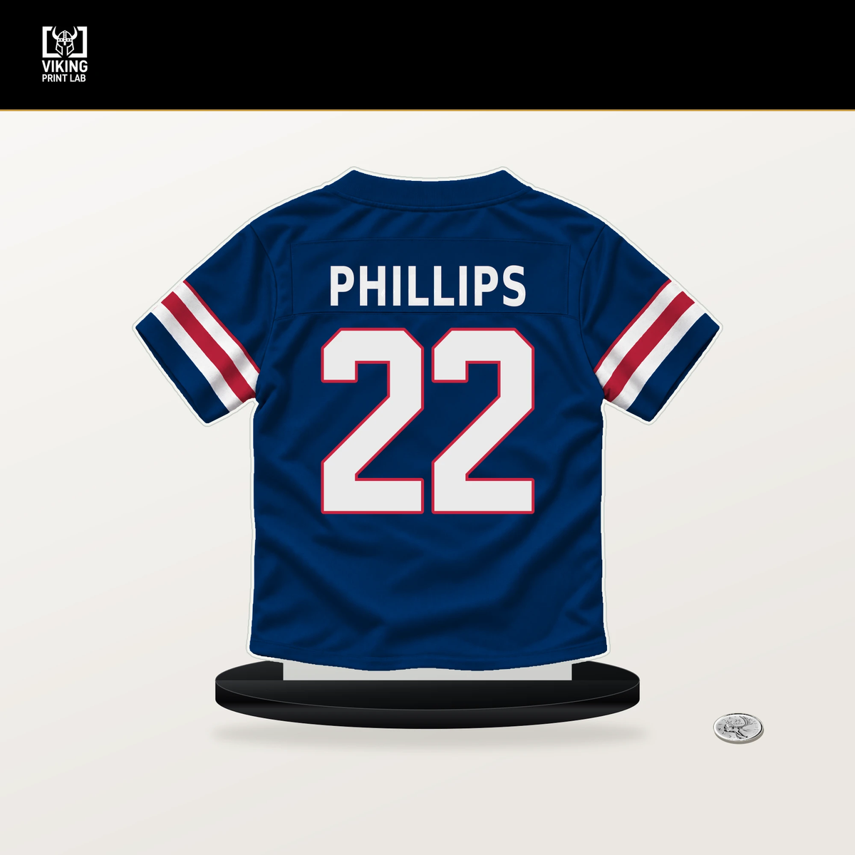 Dru Phillips number 22 New York Giants jersey stand with included black base.