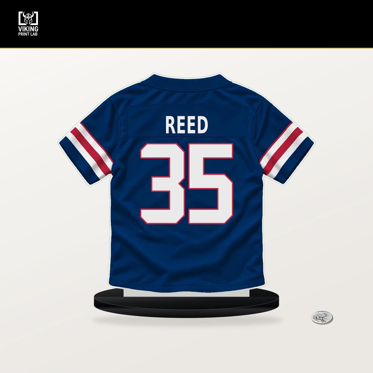 Nikko Reed number 35 New York Giants jersey stand with included black base.