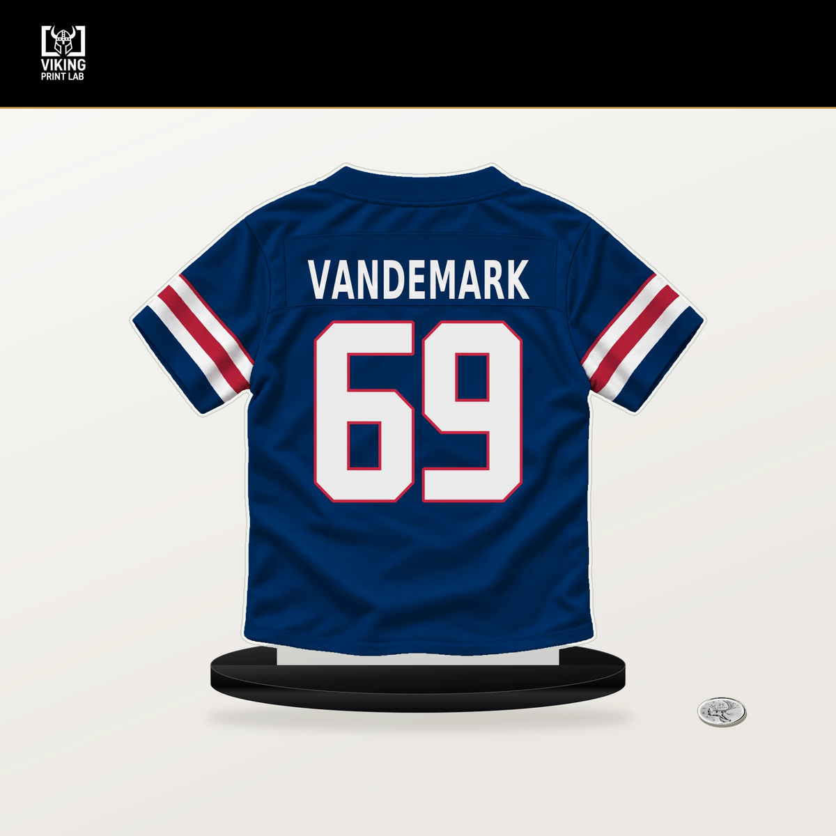 Geno VanDeMark number 69 New York Giants jersey stand with included black base.