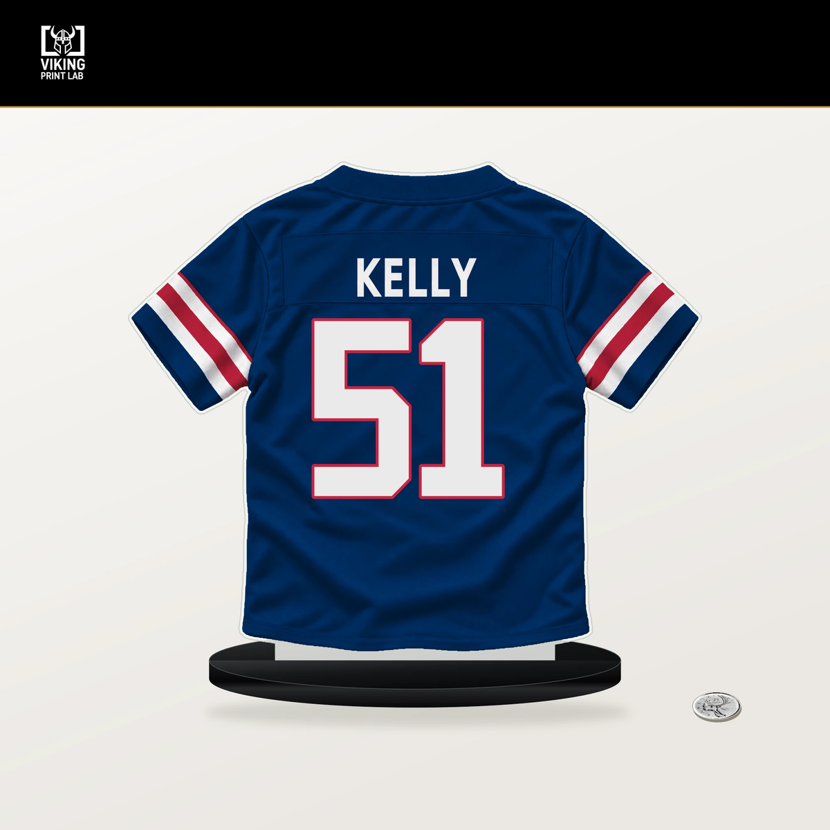 Jack Kelly number 51 New York Giants jersey stand with included black base.