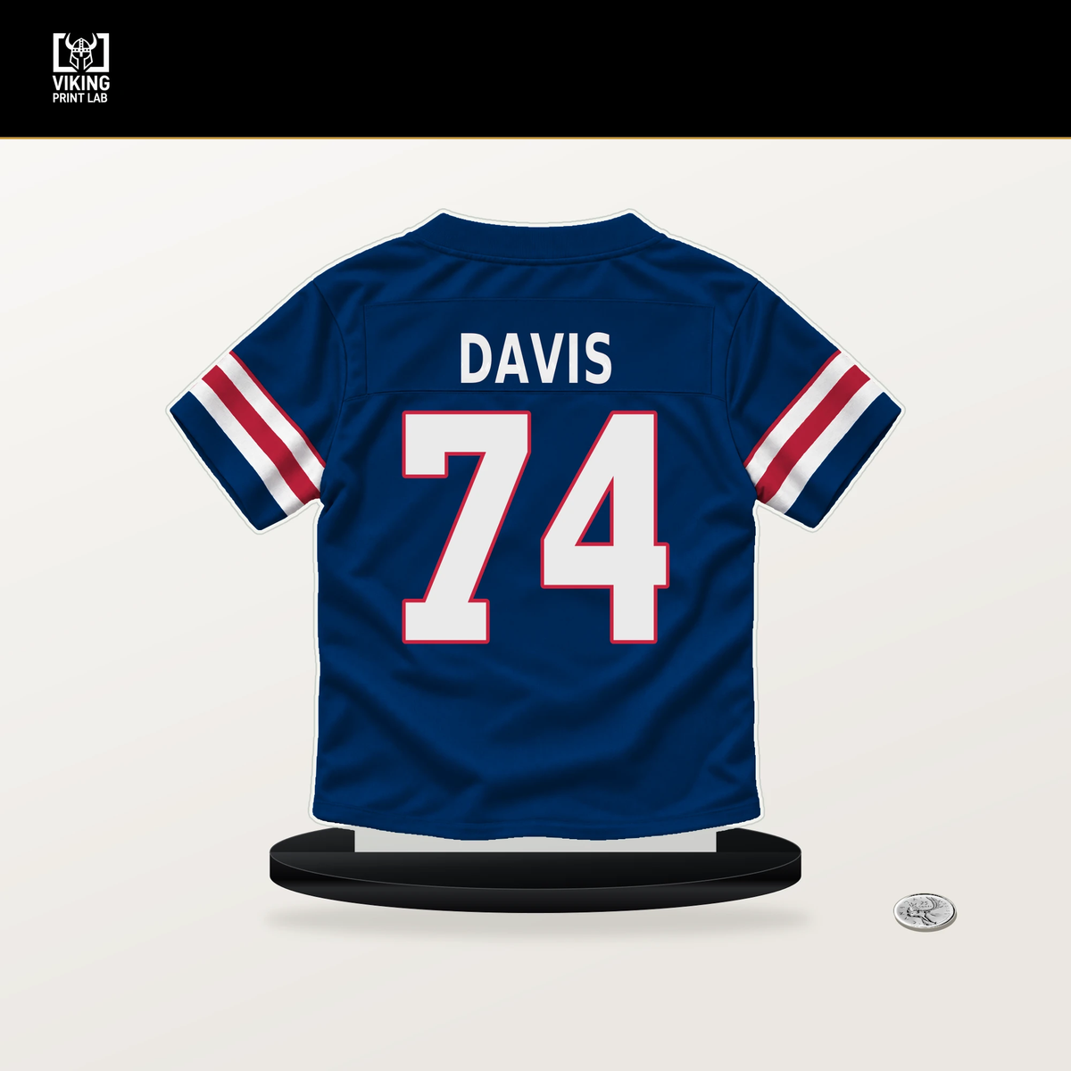 J.C. Davis number 74 New York Giants jersey stand with included black base.