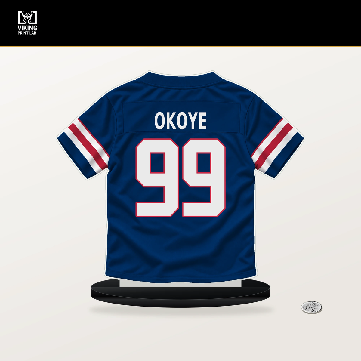 CJ Okoye number 99 New York Giants jersey stand with included black base.