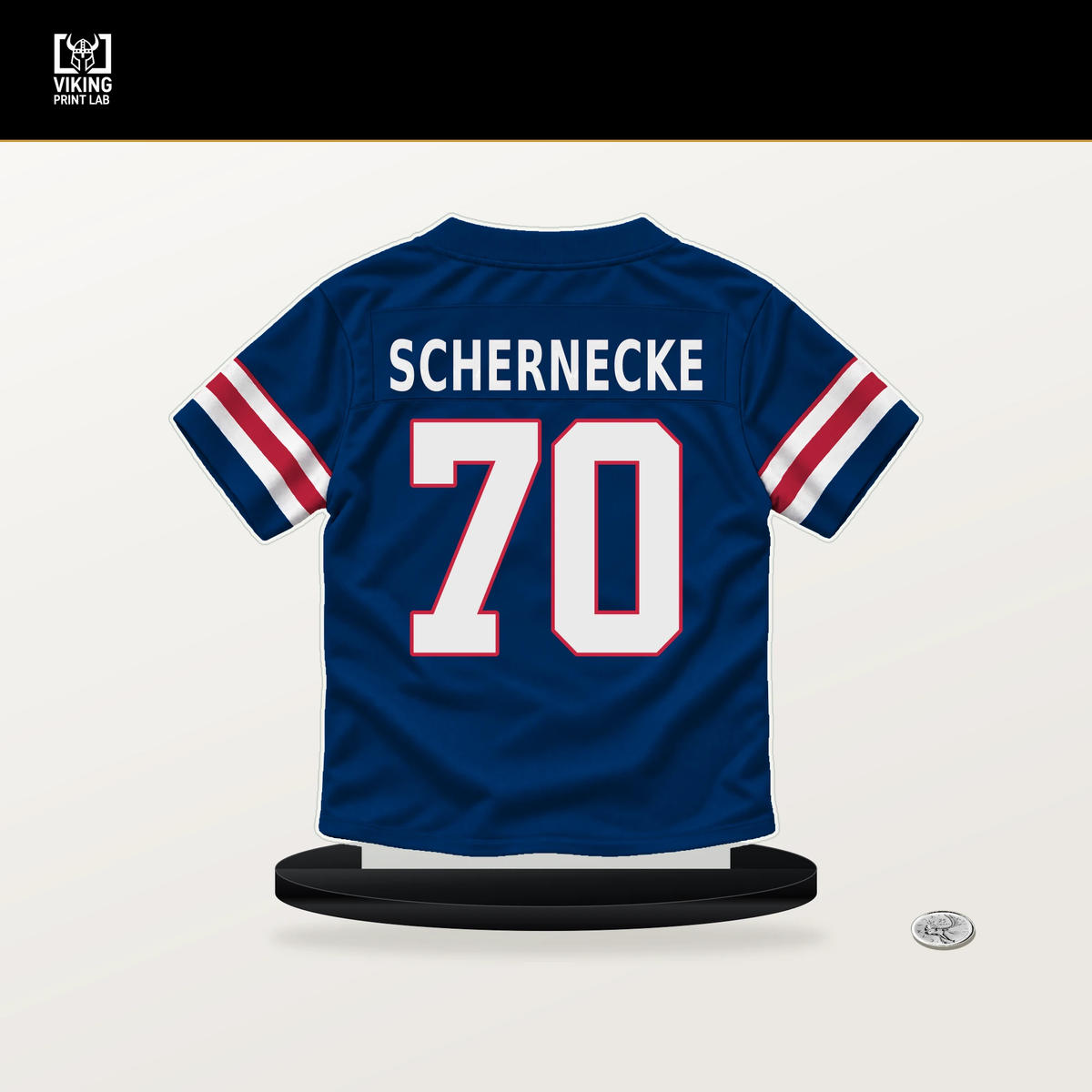 Ryan Schernecke number 70 New York Giants jersey stand with included black base.