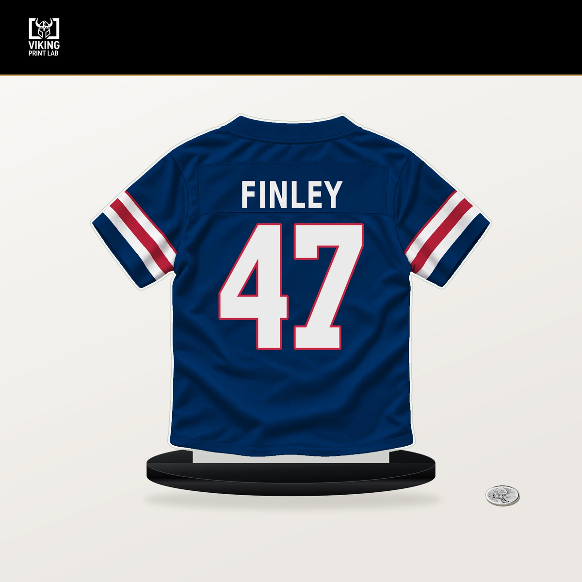 Grant Finley number 47 New York Giants jersey stand with included black base.