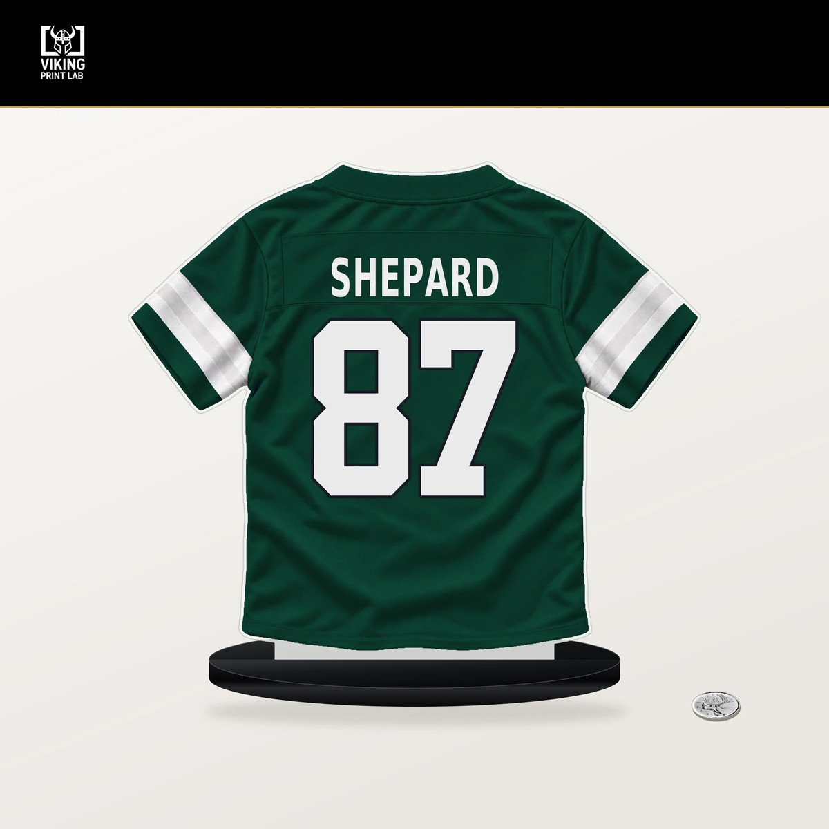 Sterling Shepard number 87 New York Jets jersey stand with included black base.