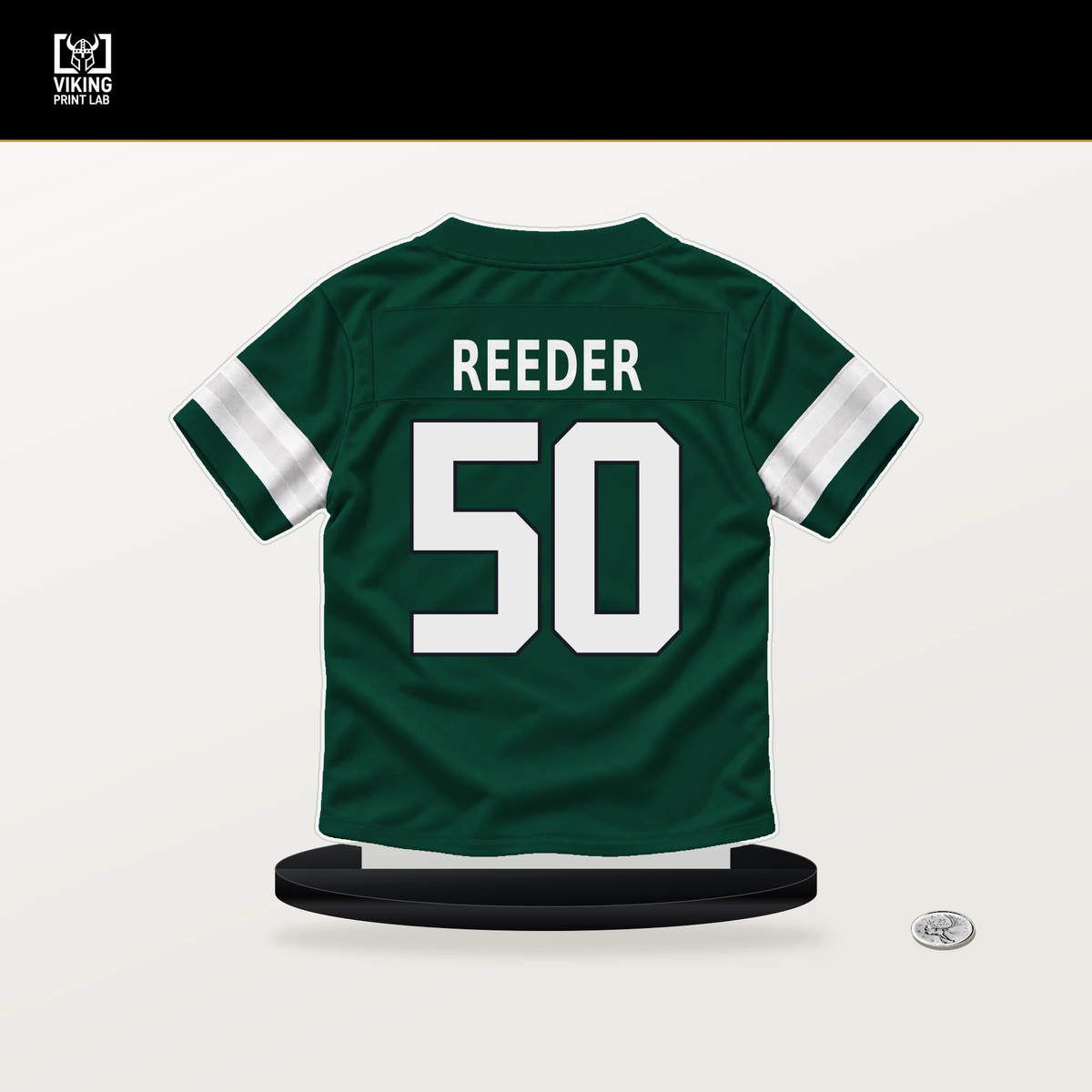 Troy Reeder number 50 New York Jets jersey stand with included black base.