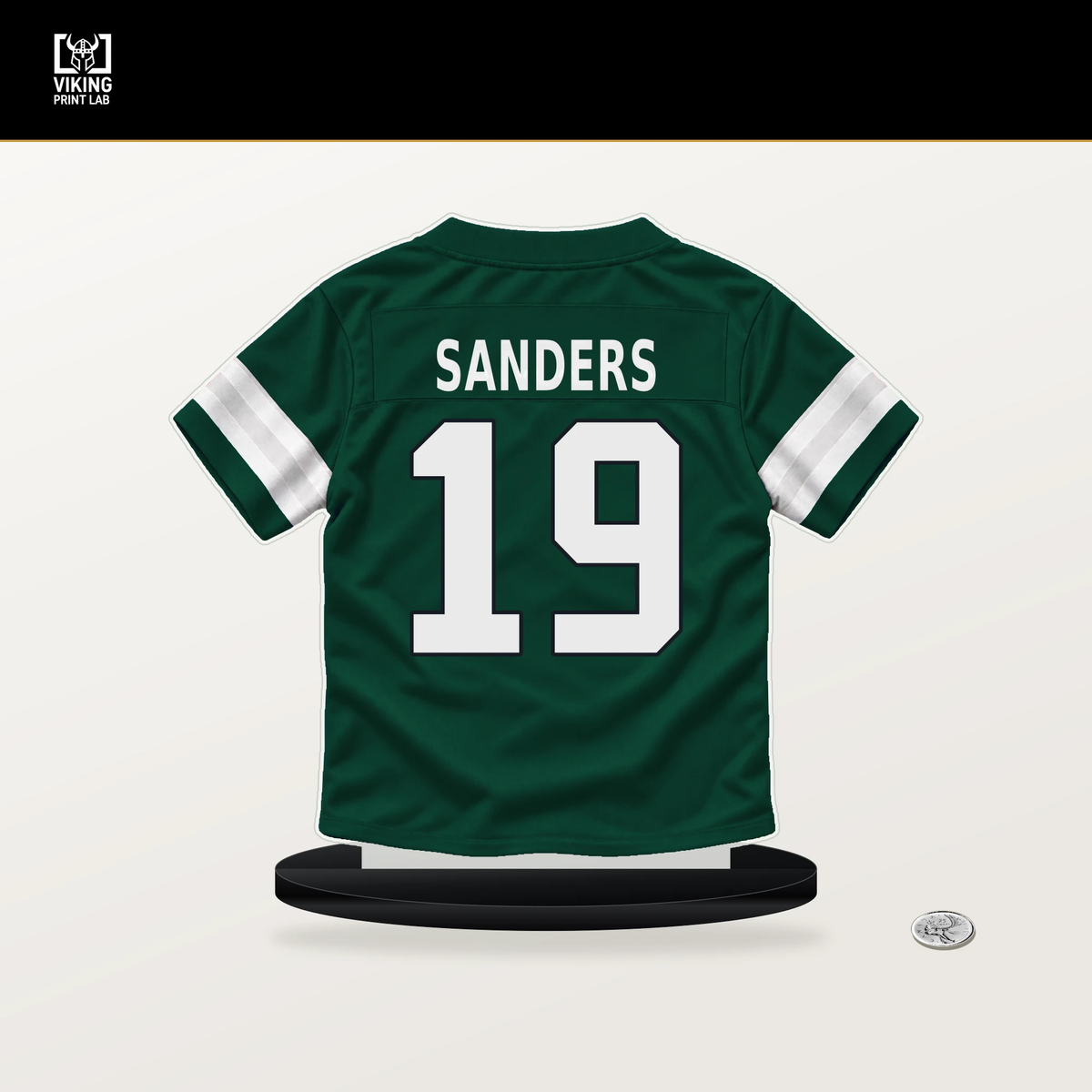 Jason Sanders number 19 New York Jets jersey stand with included black base.