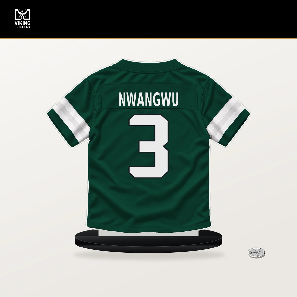 Kene Nwangwu number 3 New York Jets jersey stand with included black base.