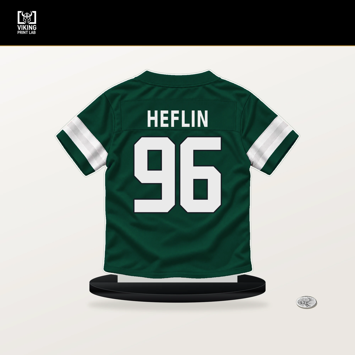 Jack Heflin number 96 New York Jets jersey stand with included black base.