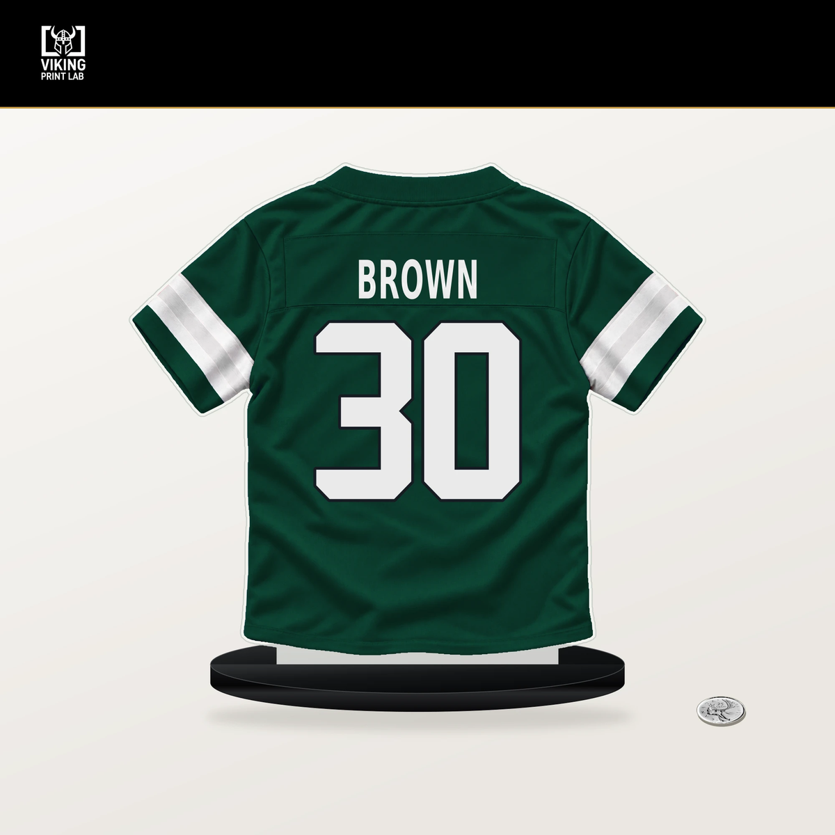Tre Brown number 30 New York Jets jersey stand with included black base.