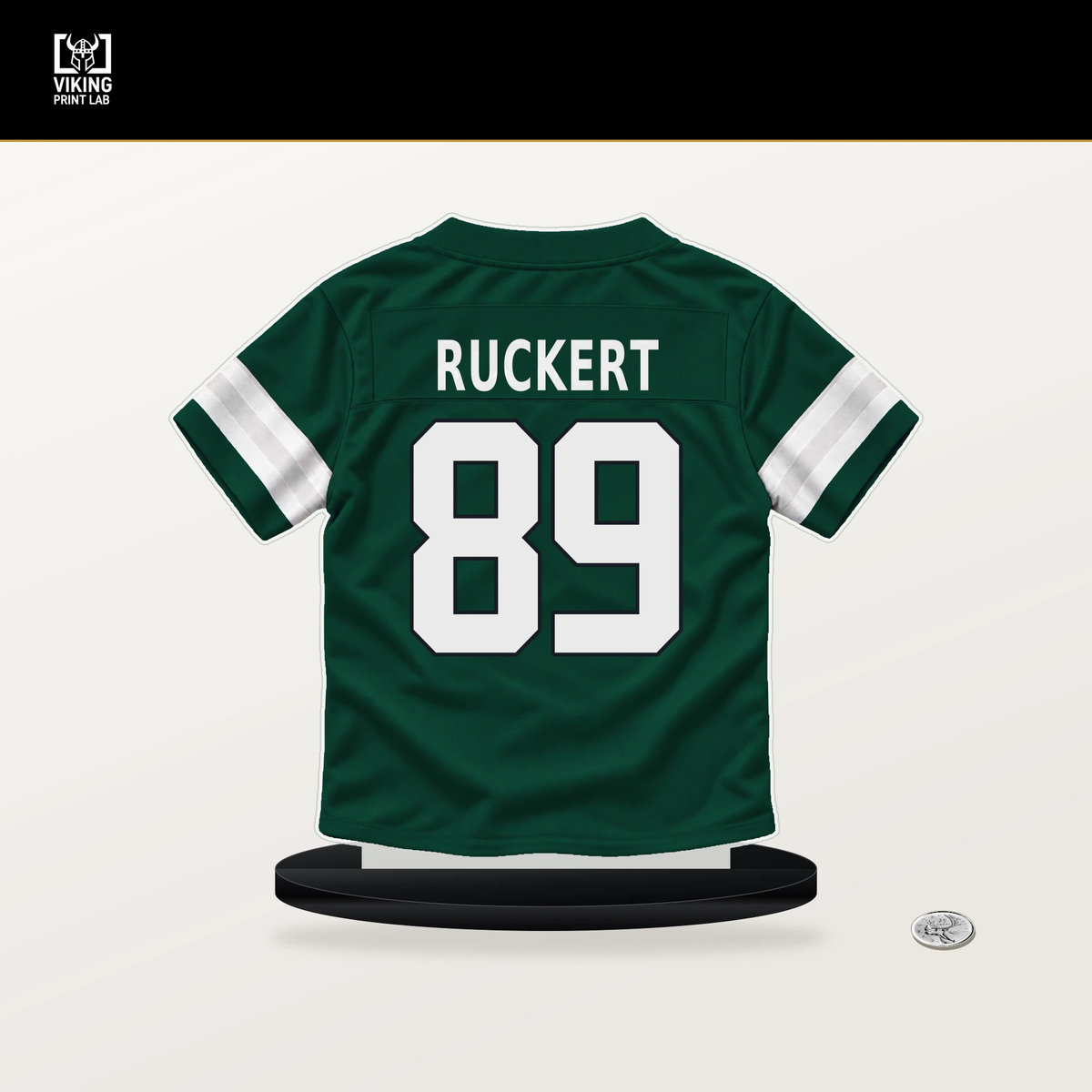 Jeremy Ruckert number 89 New York Jets jersey stand with included black base.