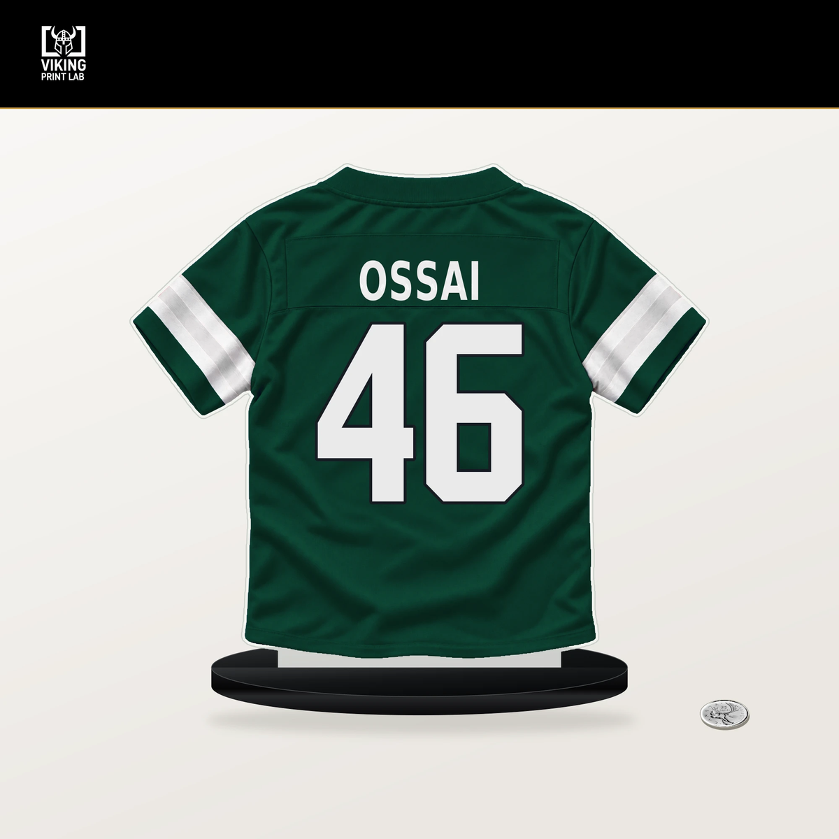 Joseph Ossai number 46 New York Jets jersey stand with included black base.