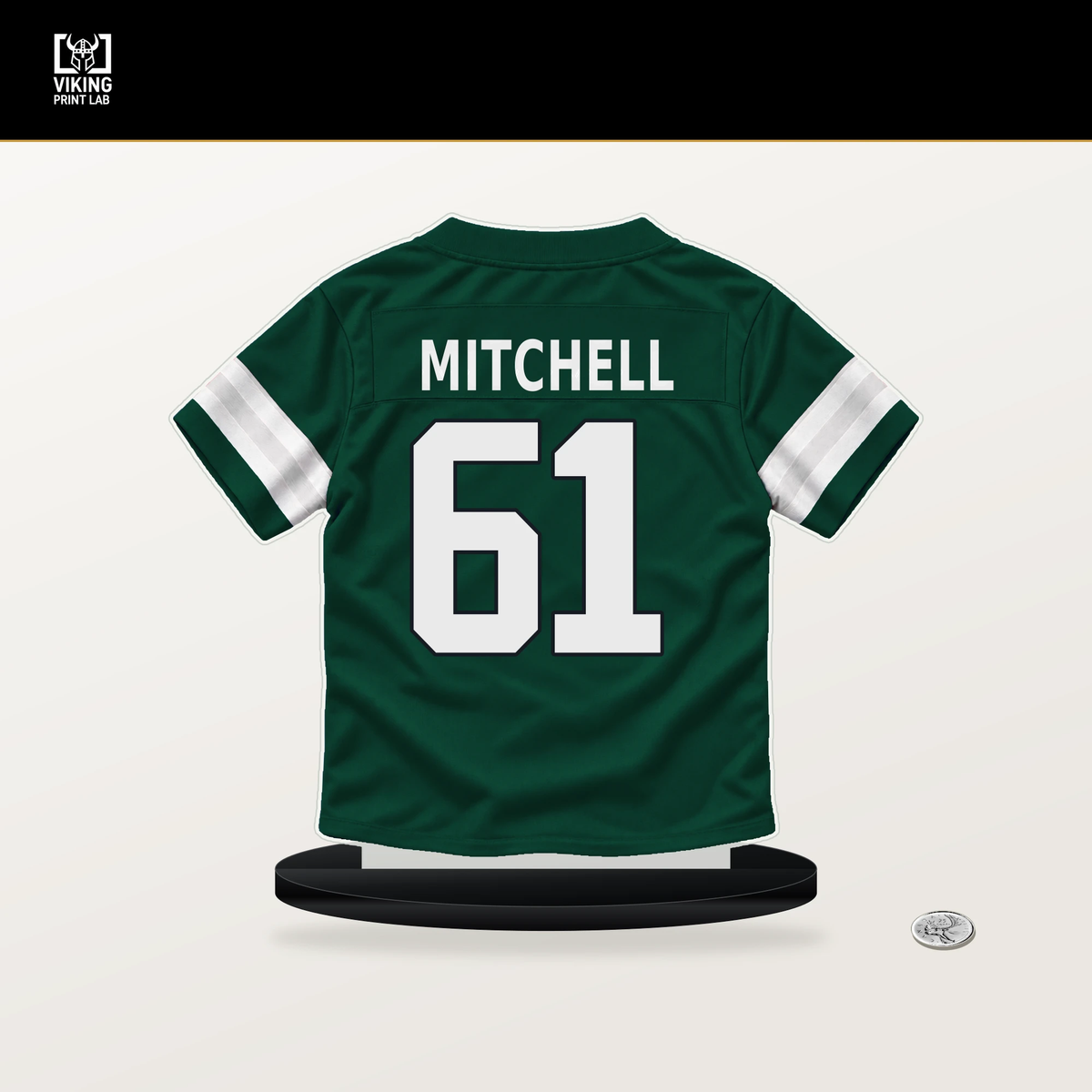 Max Mitchell number 61 New York Jets jersey stand with included black base.